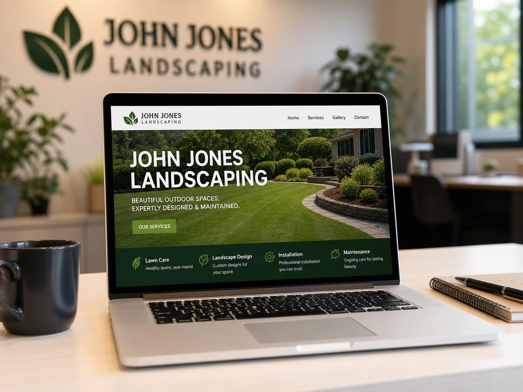Laptop showing a landscaping company website concept
